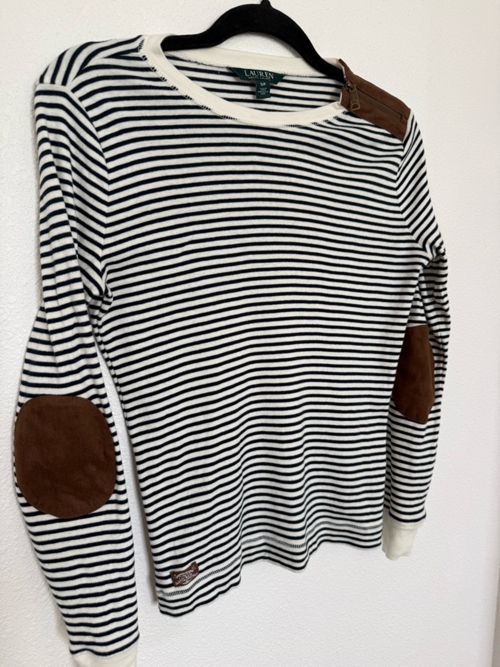 Lauren Ralph Lauren Striped Nautical Zip Shoulder Elbow Patch Top S/P - Picture 5 of 9